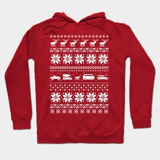 Red and White Christmas Sweater Pattern with Reindeer and Cars Hoodie